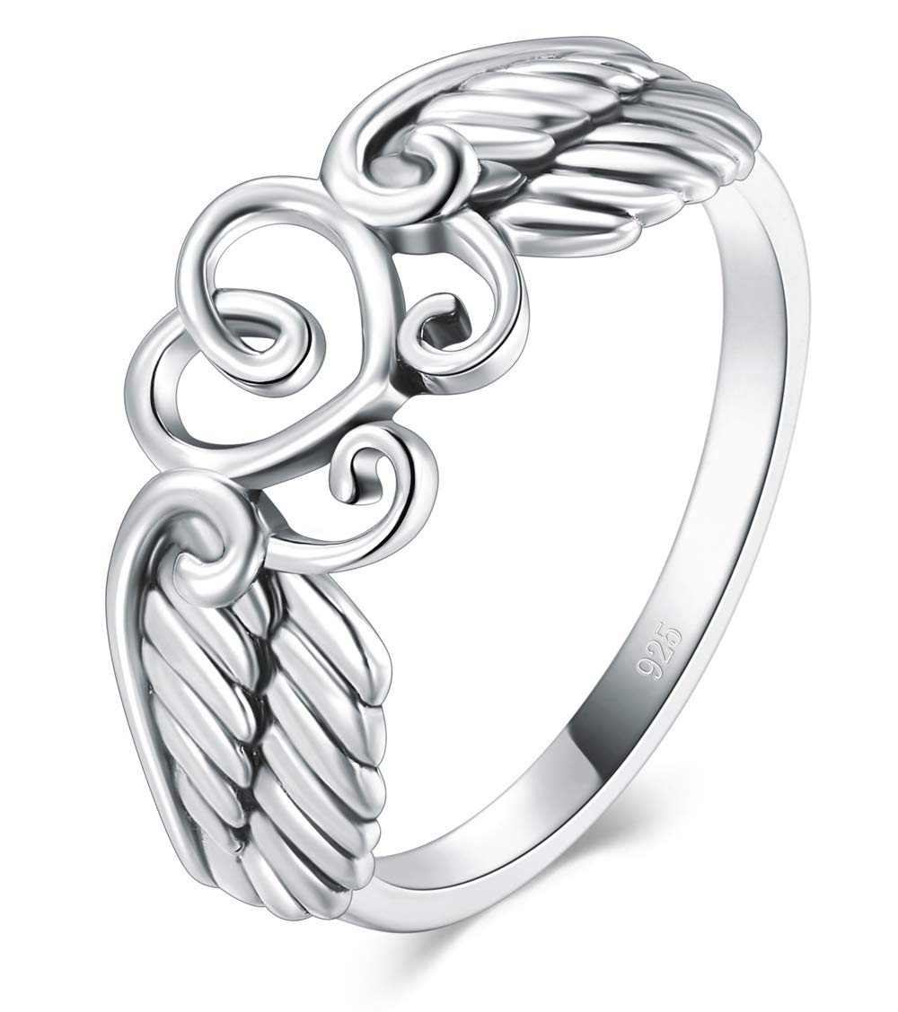 BORUO 925 Sterling Silver Ring High Polish Heart Angel Wings Ring Size 11