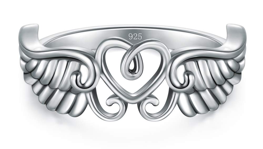 BORUO 925 Sterling Silver Ring High Polish Heart Angel Wings Ring Size 11