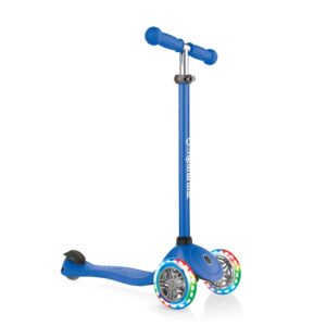 globber primo lights v2 423-100-2 navy blue kick scooter, adjustable 3-height t-bar, robust composite deck, comfortable ergonomic grips, durable brake, led light up wheels