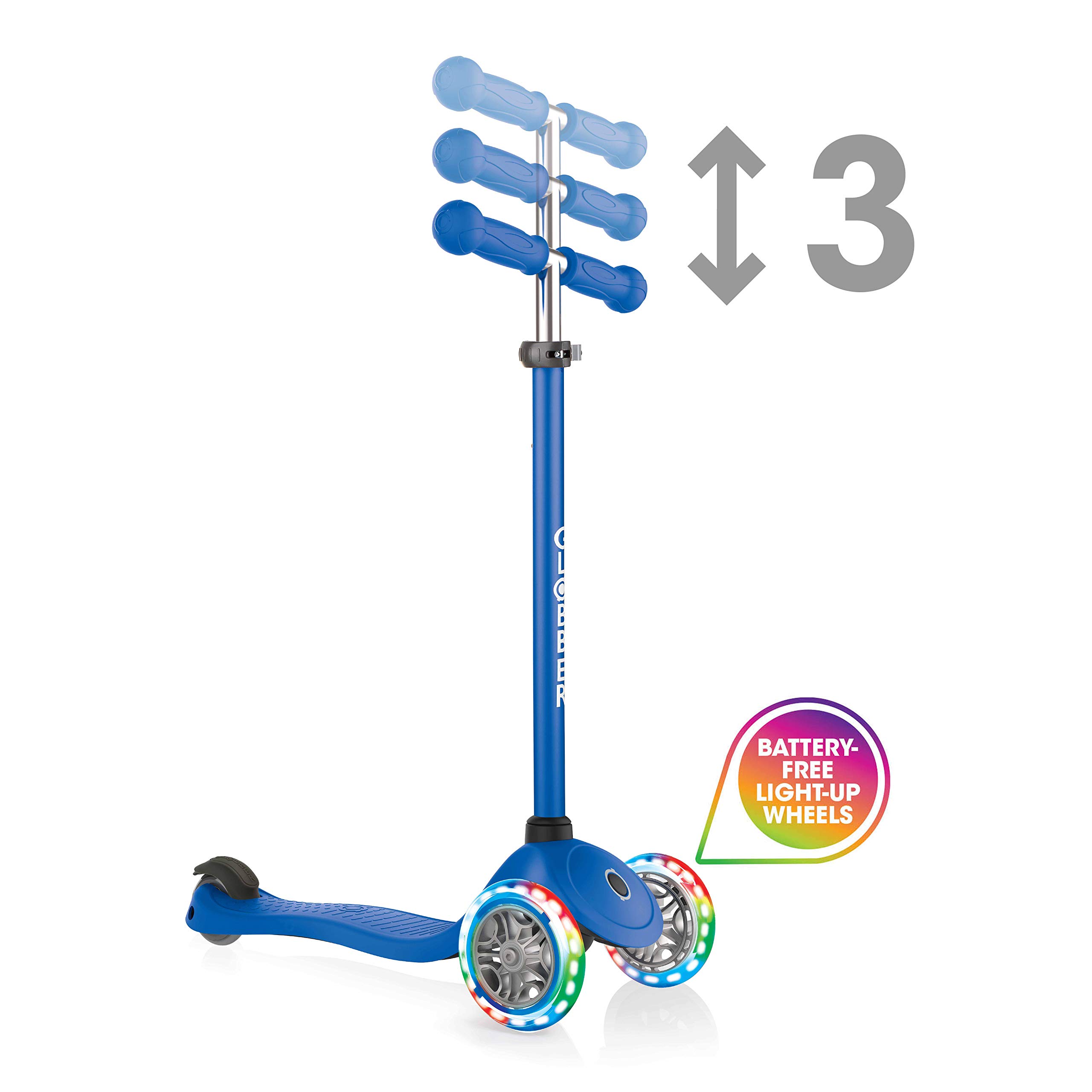 Globber Primo Lights V2 423-100-2 Navy Blue Kick Scooter, Adjustable 3-Height T-Bar, Robust Composite Deck, Comfortable Ergonomic Grips, Durable Brake, LED Light Up Wheels