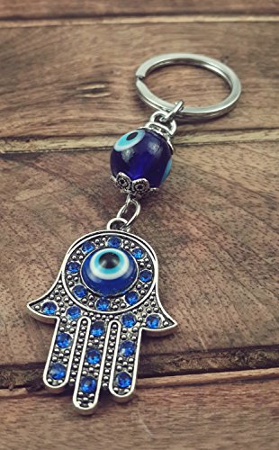 Evil Eye Silver Hamsa Keychain Hand Fatima Protection Charm Key holder Good Luck Keychain - Amulet