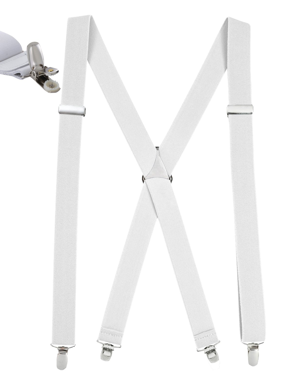 HOLD'EM Mens Elastic X Back No Slip Pin Clip Straight Clip Suspenders - White (Tall, 54" Long)