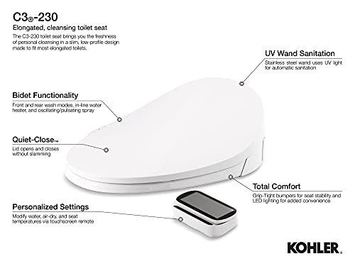 KOHLER 4108-96 PureWash E750 Elongated Electric Bidet Toilet Seat with Remote Control, Bidet Warm Water with Dryer for Existing Toilets, Biscuit