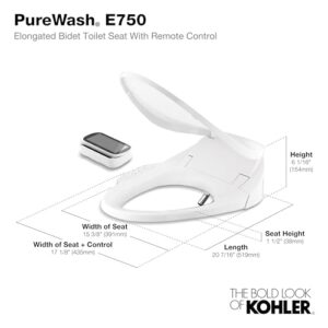 KOHLER 4108-96 PureWash E750 Elongated Electric Bidet Toilet Seat with Remote Control, Bidet Warm Water with Dryer for Existing Toilets, Biscuit