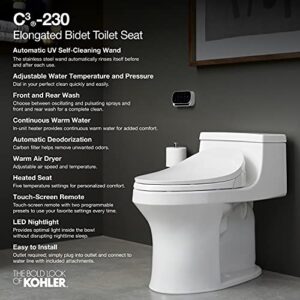 KOHLER 4108-96 PureWash E750 Elongated Electric Bidet Toilet Seat with Remote Control, Bidet Warm Water with Dryer for Existing Toilets, Biscuit