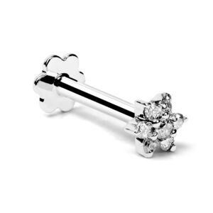 Demira Jewels Natural Diamond 14K White Gold Flower Nose Pin, Lip Labret, and Monroe Ring Stud Screw - 8mm Long, 16 Gauge Post