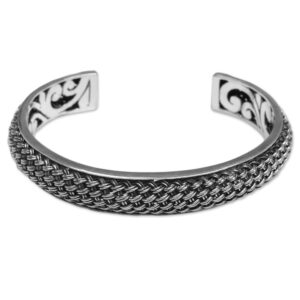 NOVICA Artisan Handmade Sterling Silver Cuff Bracelet Crafted from Indonesia [5.25 in L (end to End) x 0.4 in W] ' Woven Chains'