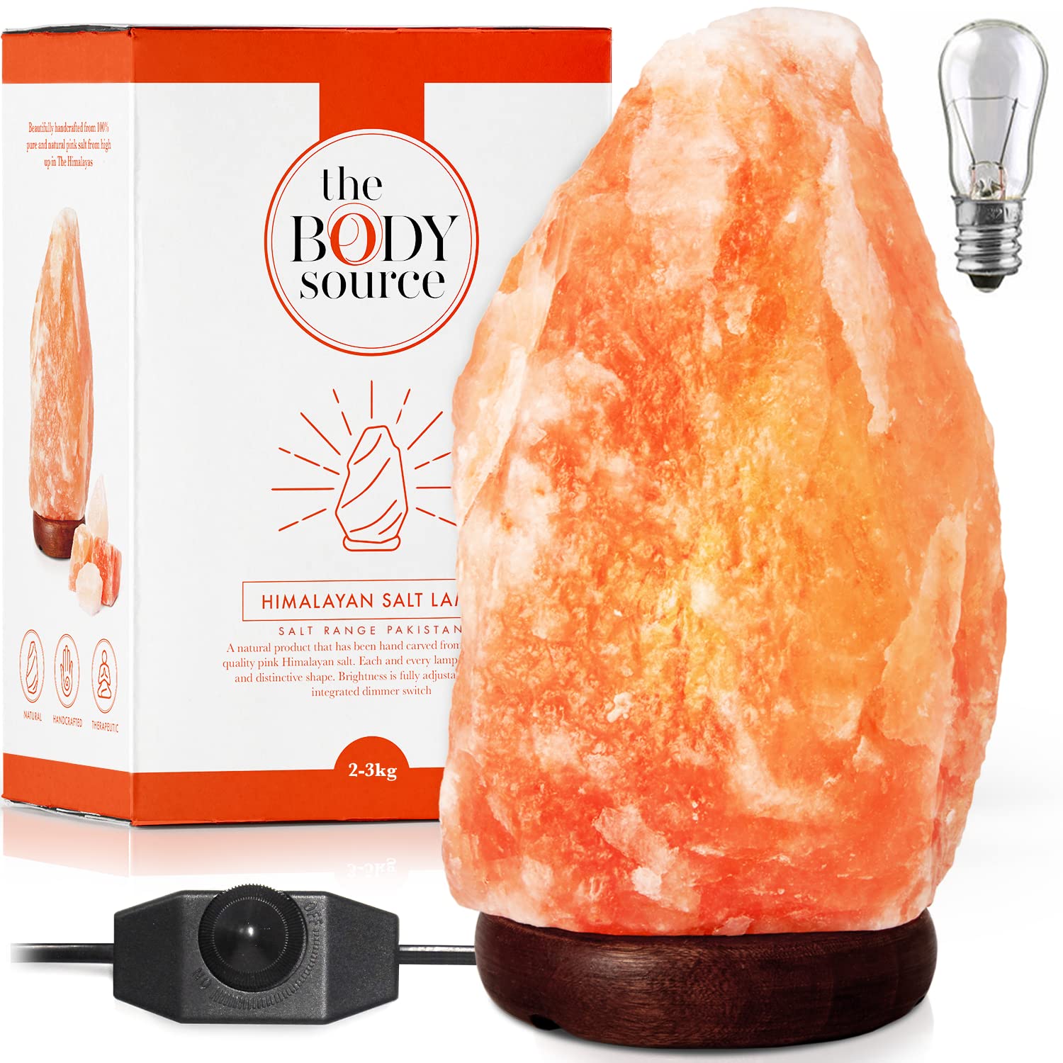 The Body Source Himalayan Salt Lamp 8-10 inches (7-11Ib), includes Lamp Dimmer Switch and Night Light - All Natural Salt Lamp with Handcrafted Wooden Base and Salt Lamp Light Bulb Replacement