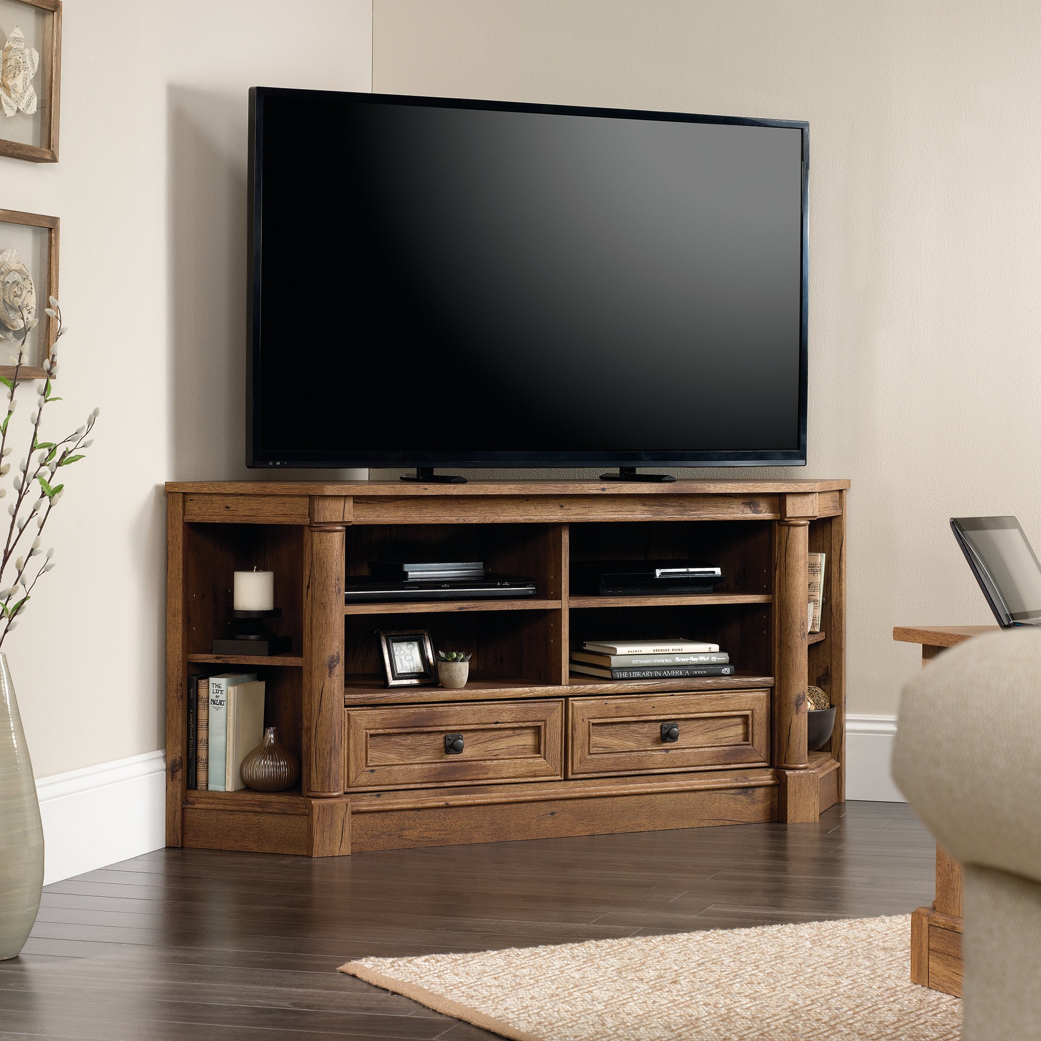 Sauder Palladia Corner Entertainment Credenza, For TVs up to 60", Vintage Oak Finish