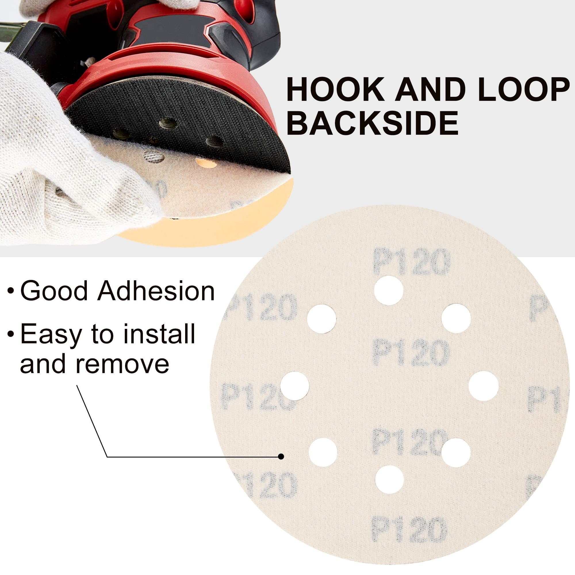 LotFancy 5in 8 Hole 120 Grit Sanding Discs, 100PCS Random Orbital Sander Pad Sandpaper, Hook and Loop Round Sand Paper