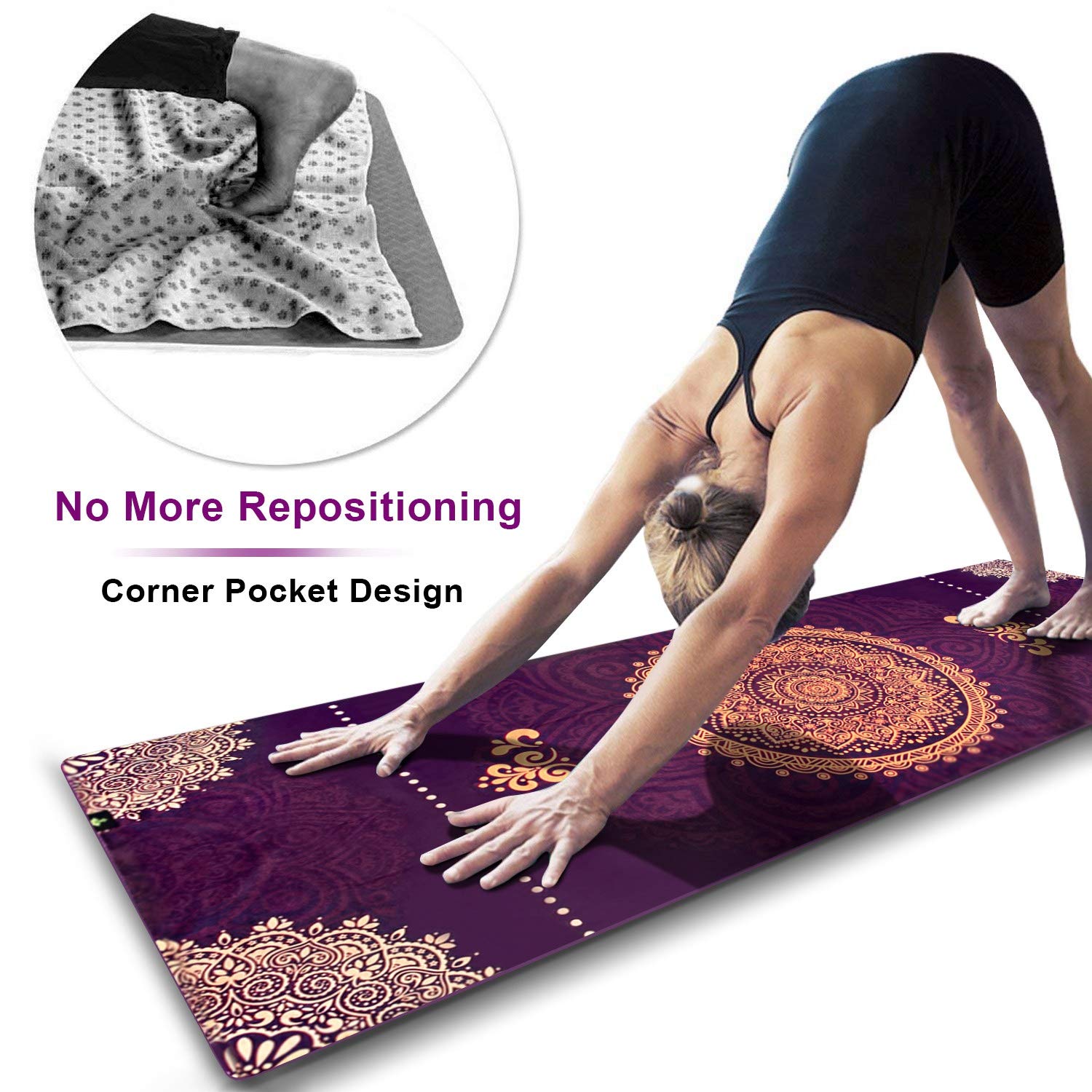 Heathyoga Non Slip Hot Yoga Towel, 100% Microfiber Non Slip Yoga Mat Towel for Hot Yoga, Pilates and Fitness, Exclusive Corner Pockets Design + Free Spray Bottle