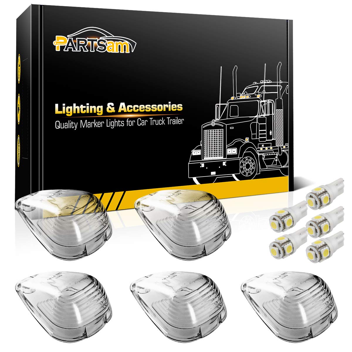 Partsam 5X Clear Cab Marker Light + 5X White 5050-SMD 194 168 T10 LED Bulb Compatible with Ford E150 E250 E350 E450 F150 F250 F350 F450 F550 Super Duty Pickup Trucks 1999-2016