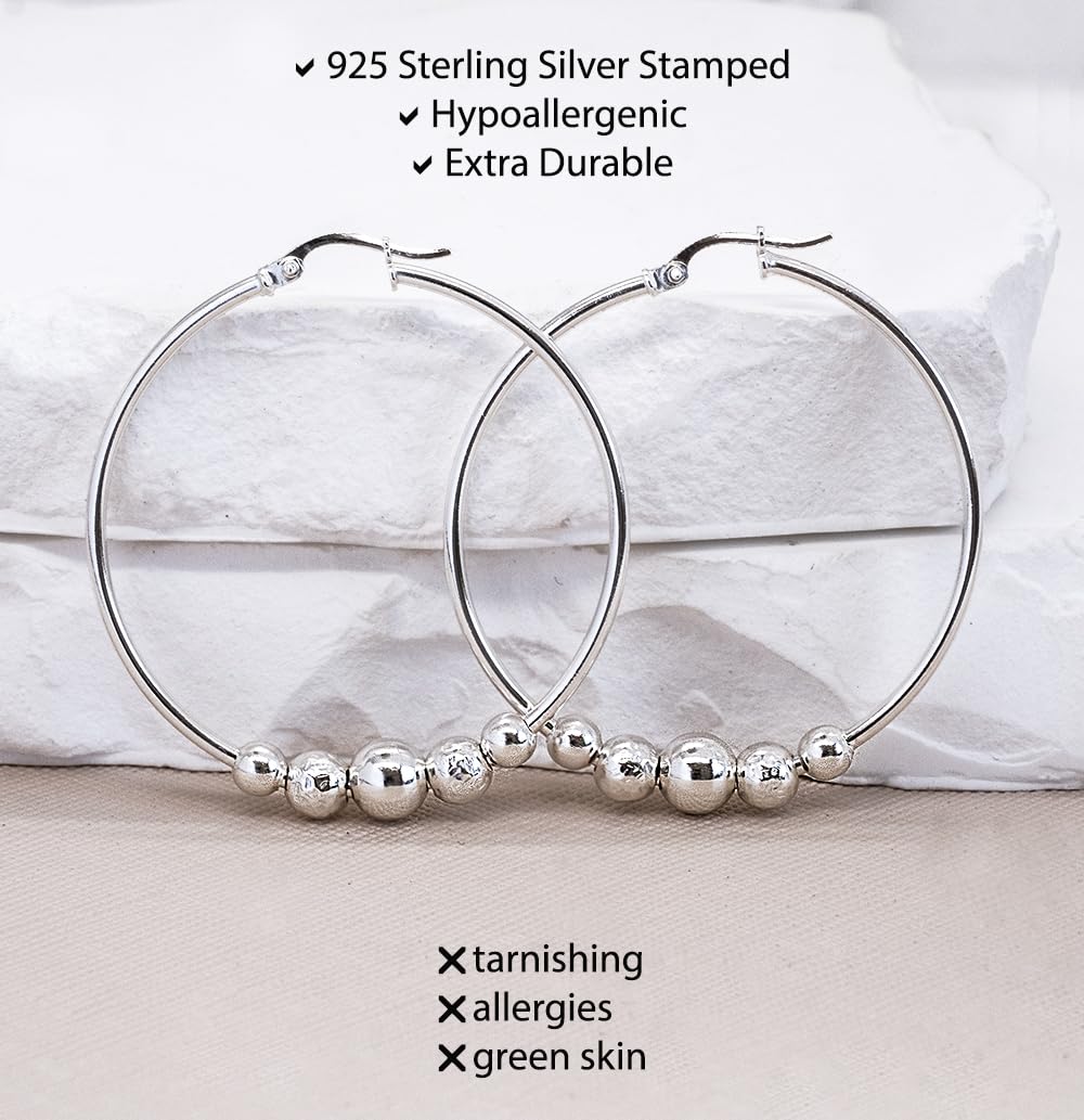 Sterling Silver Polished and Hammered Beads Round Hoop Earrings (1 3/4 Inch)