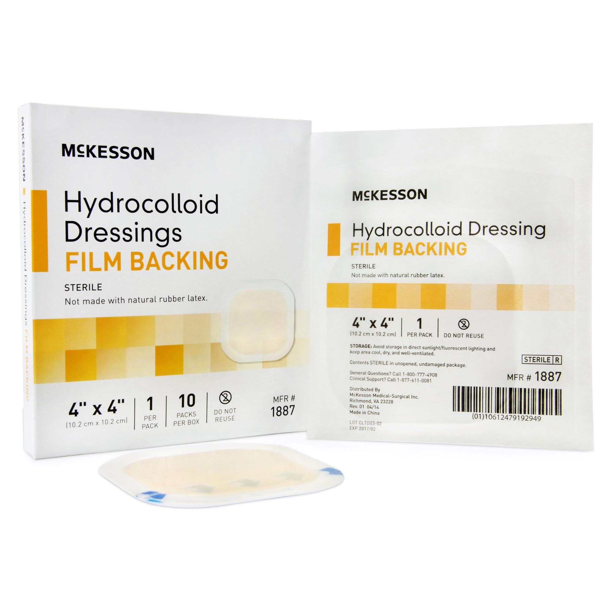 McKesson Hydrocolloid Dressing, Sterile, Film Backing, 4 in x 4 in, 10 Count, 1 Pack