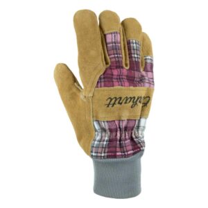 carhartt womens insulated suede work with knit cuff winter gloves, wild rose plaid, large us