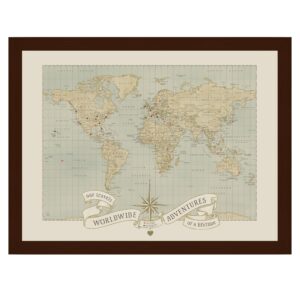 dreams and memories custom world push pin travel map, world push pin map with espresso brown frame