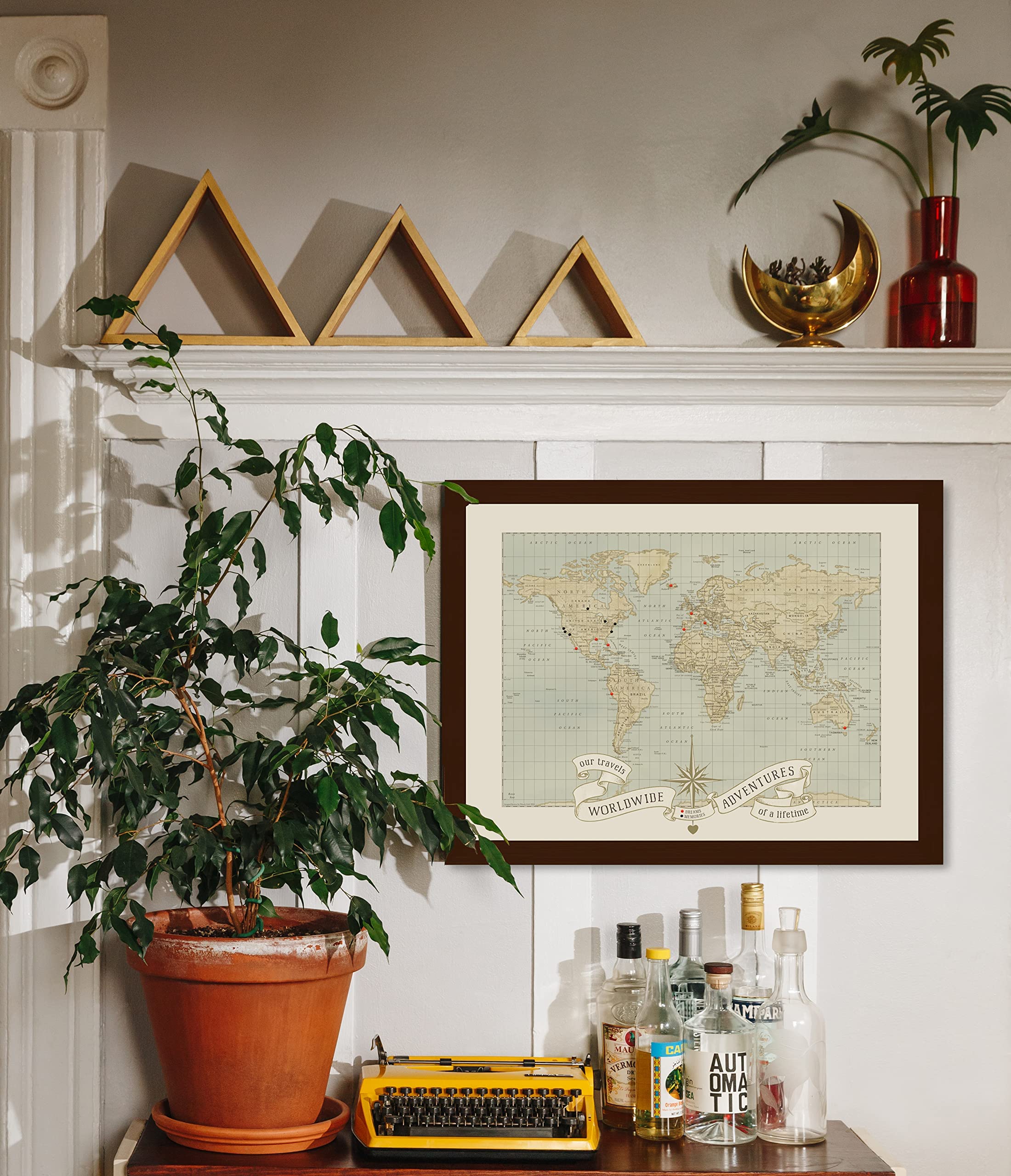 Dreams and Memories Custom World Push Pin Travel Map, World Push Pin Map with Espresso Brown Frame