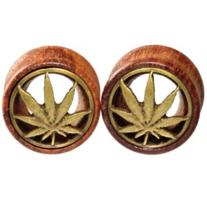 18mm 11/16" Brass Pot Leaf Marijuana Organic Wood Flesh Tunnels Double Flared Ear Stretcher Saddle Plugs Gauge