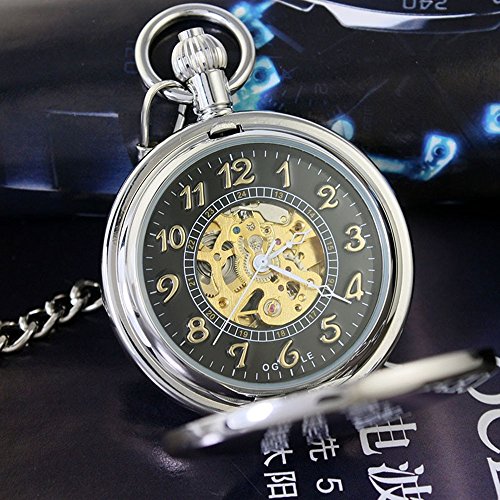 OGLE Vintage Waterproof Mirror Chain Black Fob Self Winding Automatic Skeleton Mechanical Waterproof Pocket Watch