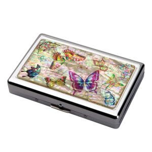 mother of pearl design extra long 100s super slim king size 16 cigarette engraved metal steel rfid blocking protection credit business card us bill currency cash holder case storage box (butterfly)