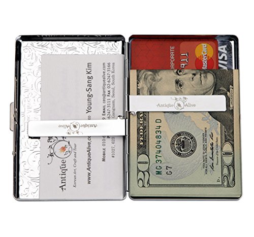 Mother of Pearl Design Extra Long 100S Super Slim King Size 16 Cigarette Engraved Metal Steel RFID Blocking Protection Credit Business Card US Bill Currency Cash Holder Case Storage Box (Butterfly)