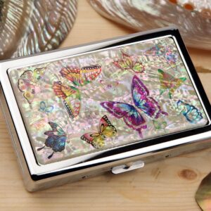 Mother of Pearl Design Extra Long 100S Super Slim King Size 16 Cigarette Engraved Metal Steel RFID Blocking Protection Credit Business Card US Bill Currency Cash Holder Case Storage Box (Butterfly)