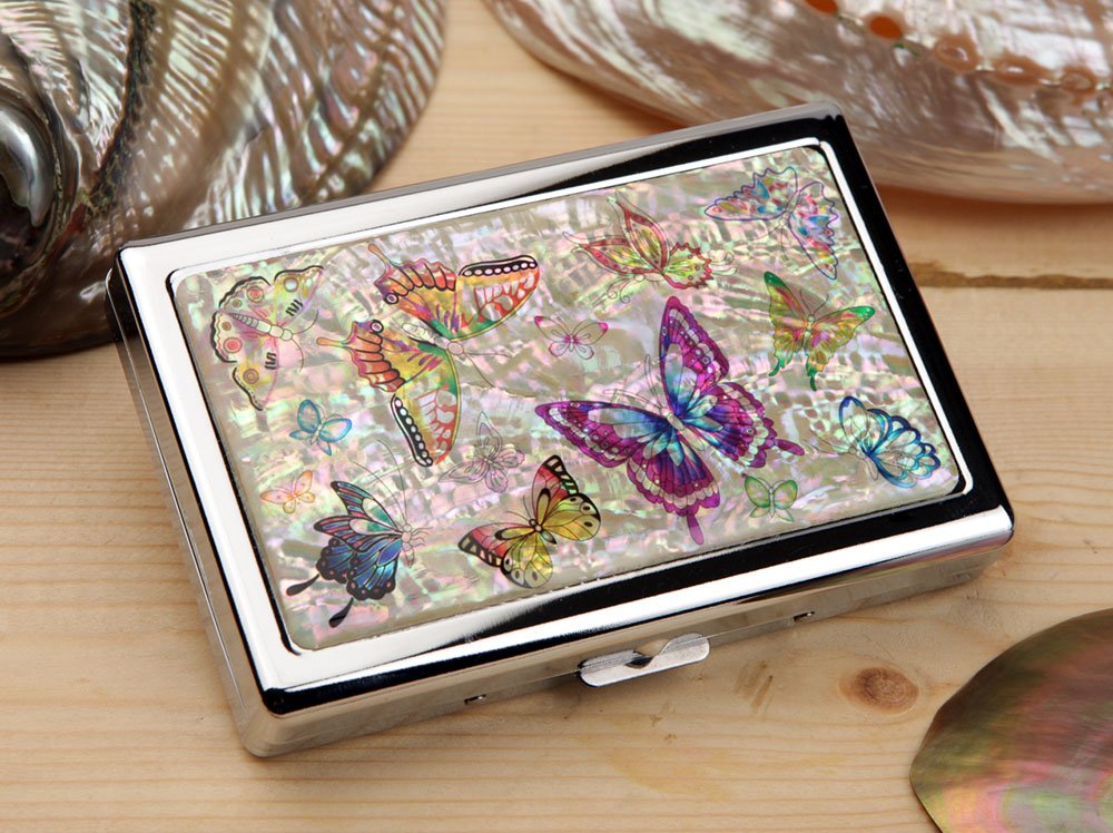 Mother of Pearl Design Extra Long 100S Super Slim King Size 16 Cigarette Engraved Metal Steel RFID Blocking Protection Credit Business Card US Bill Currency Cash Holder Case Storage Box (Butterfly)