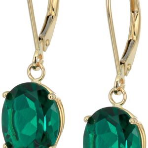 Amazon Essentials 14k Yellow Gold Oval May Created Emerald Dangle Earrings for Women, Created Emerald 8x10mm Leverback Earrings - Hypoallergenic, Nickel-Free, Elegant Gift for All Occasions ,(previously Amazon Collection)