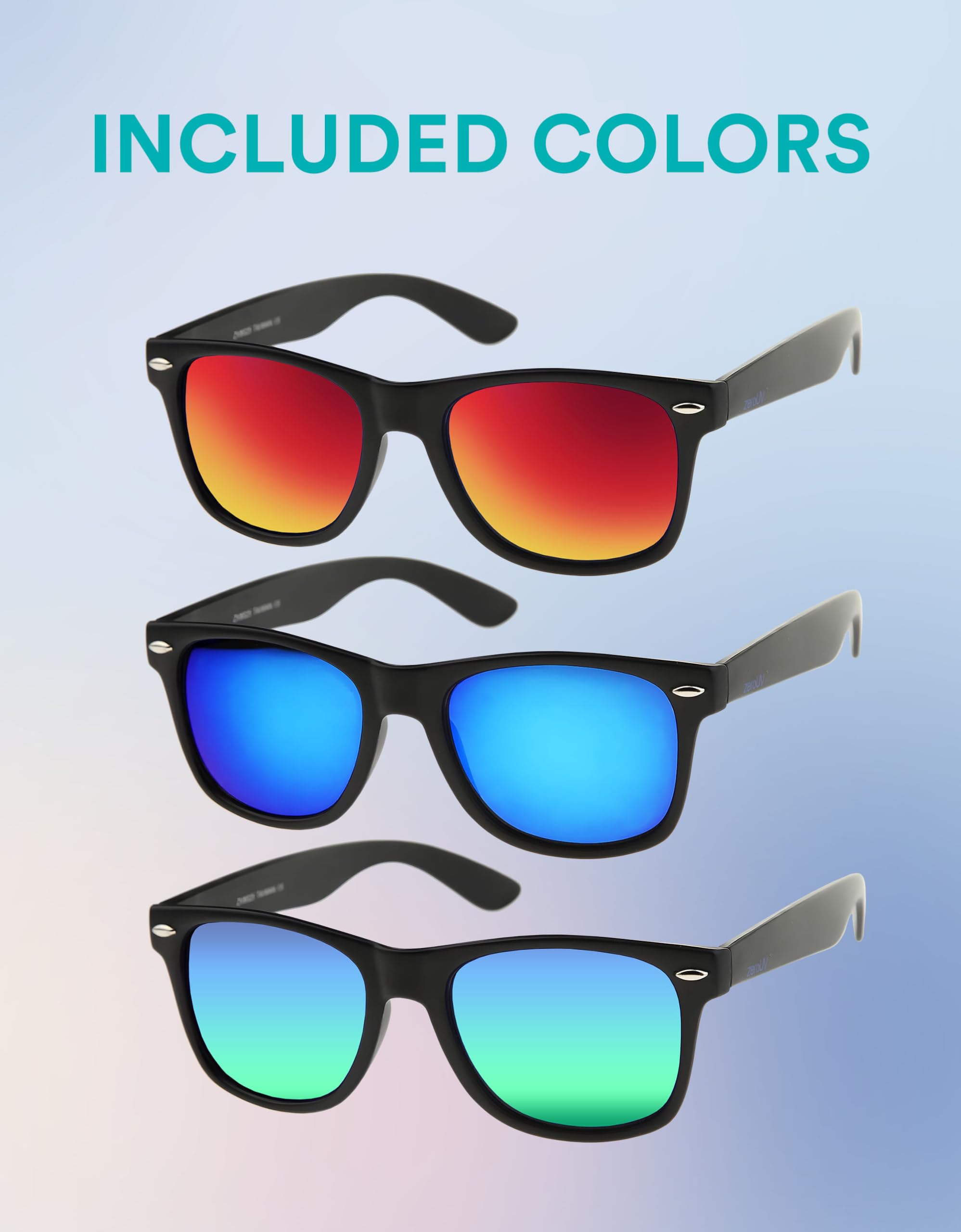 zeroUV - Classic Colored Mirror Lens Square Horn Rimmed Sunglasses for Men Women (3 Pack Polarized | Blue + Green + Red)