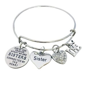 infinity collection sister charm bangle bracelet for women- side by side or miles apart, we are sisters connected by the heart jewelry, gift for sisters