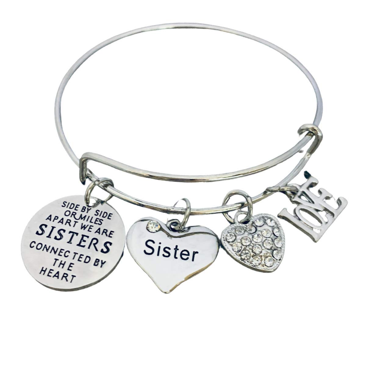 Infinity Collection Sister Charm Bangle Bracelet for Women- Side By Side or Miles Apart, We are Sisters Connected By the Heart Jewelry, Gift for Sisters