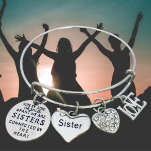 Infinity Collection Sister Charm Bangle Bracelet for Women- Side By Side or Miles Apart, We are Sisters Connected By the Heart Jewelry, Gift for Sisters