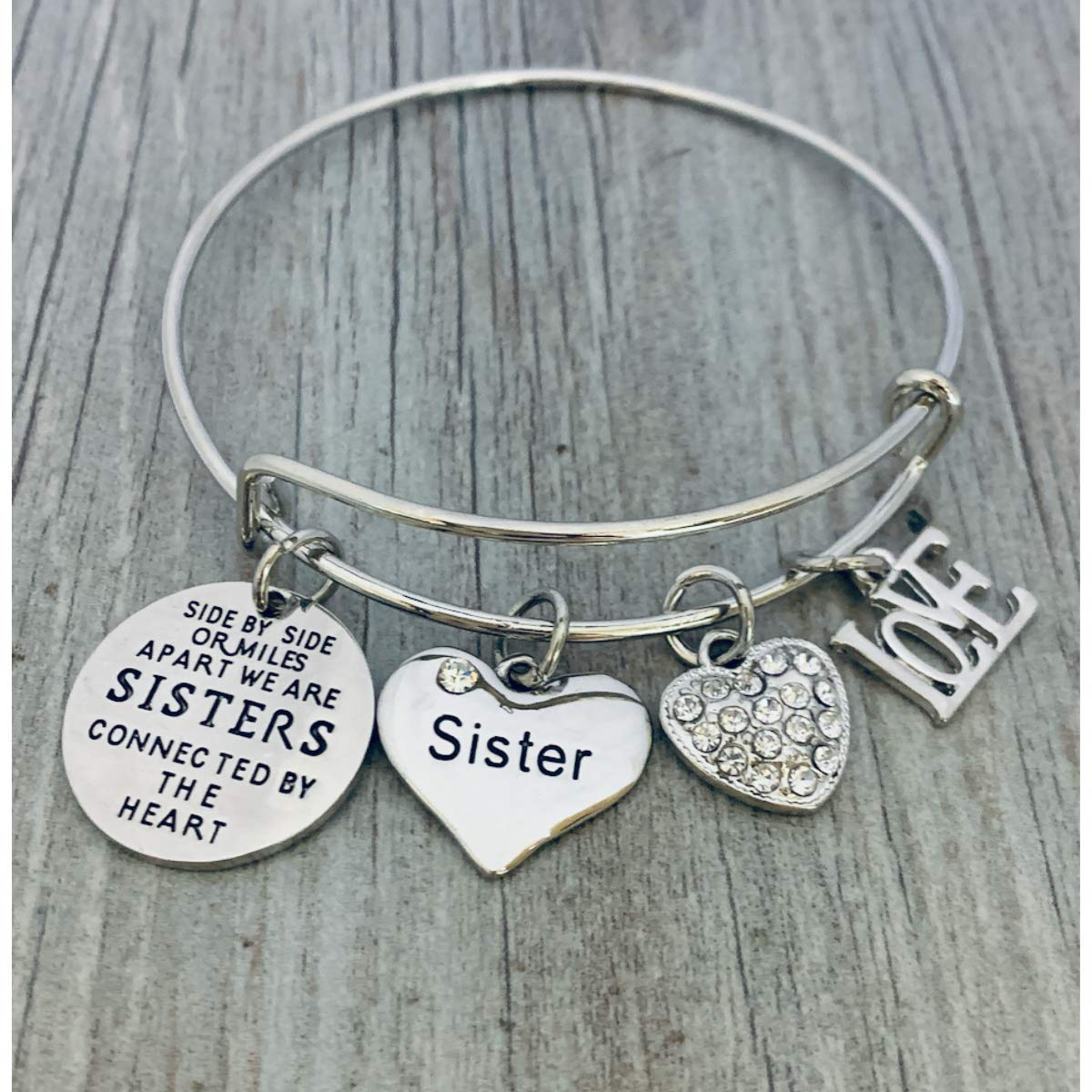 Infinity Collection Sister Charm Bangle Bracelet for Women- Side By Side or Miles Apart, We are Sisters Connected By the Heart Jewelry, Gift for Sisters