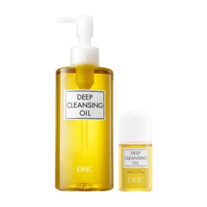 dhc deep cleansing oil and travel size, facial cleansing oil, makeup remover, cleanses without clogging pores, residue-free, fragrance and colorant free, for all skin types, 6.7 oz and 1 oz