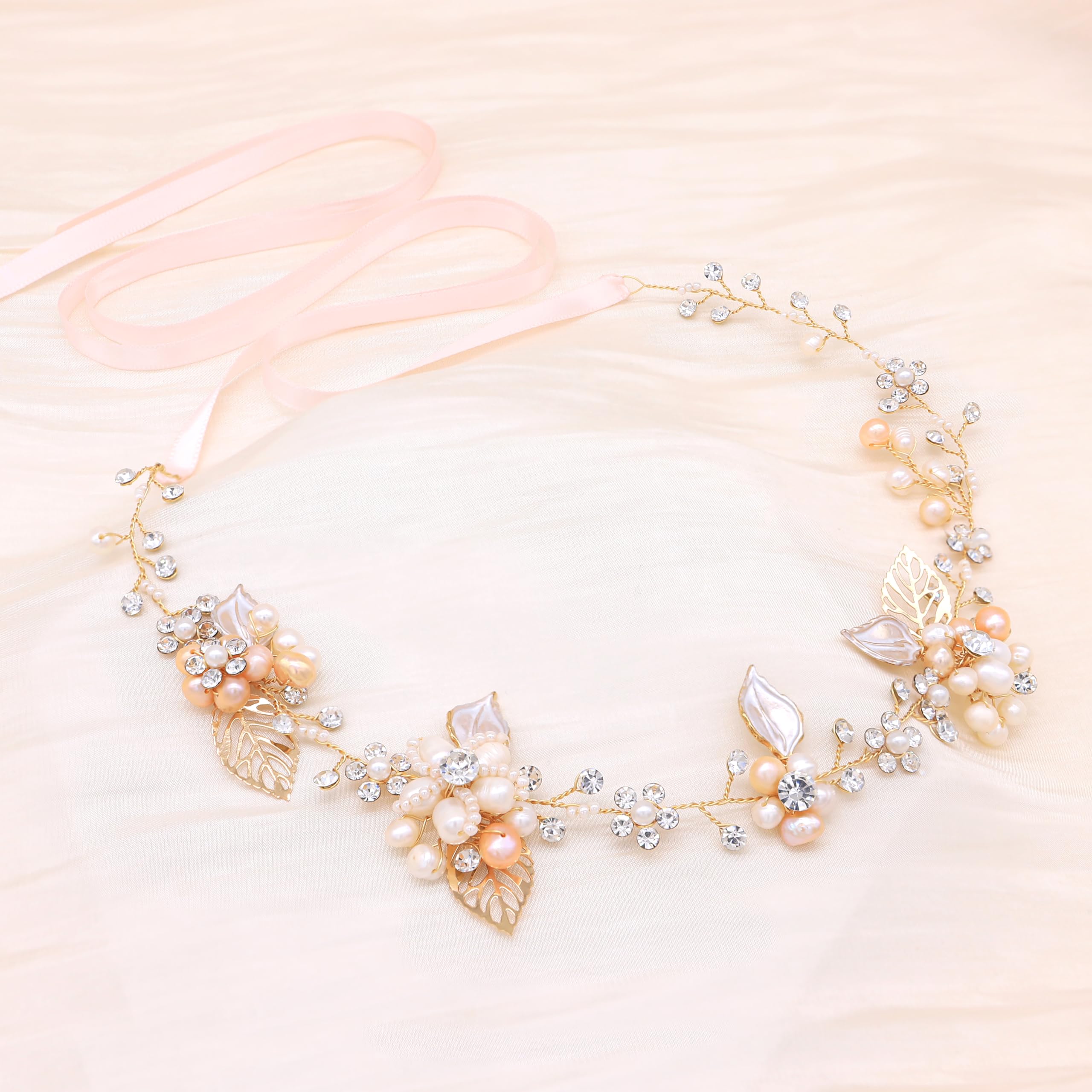 Oriamour Bridal Crystal Headband with Freshwater Pearls Flower Design Wedding Hair Accessories (Gold)