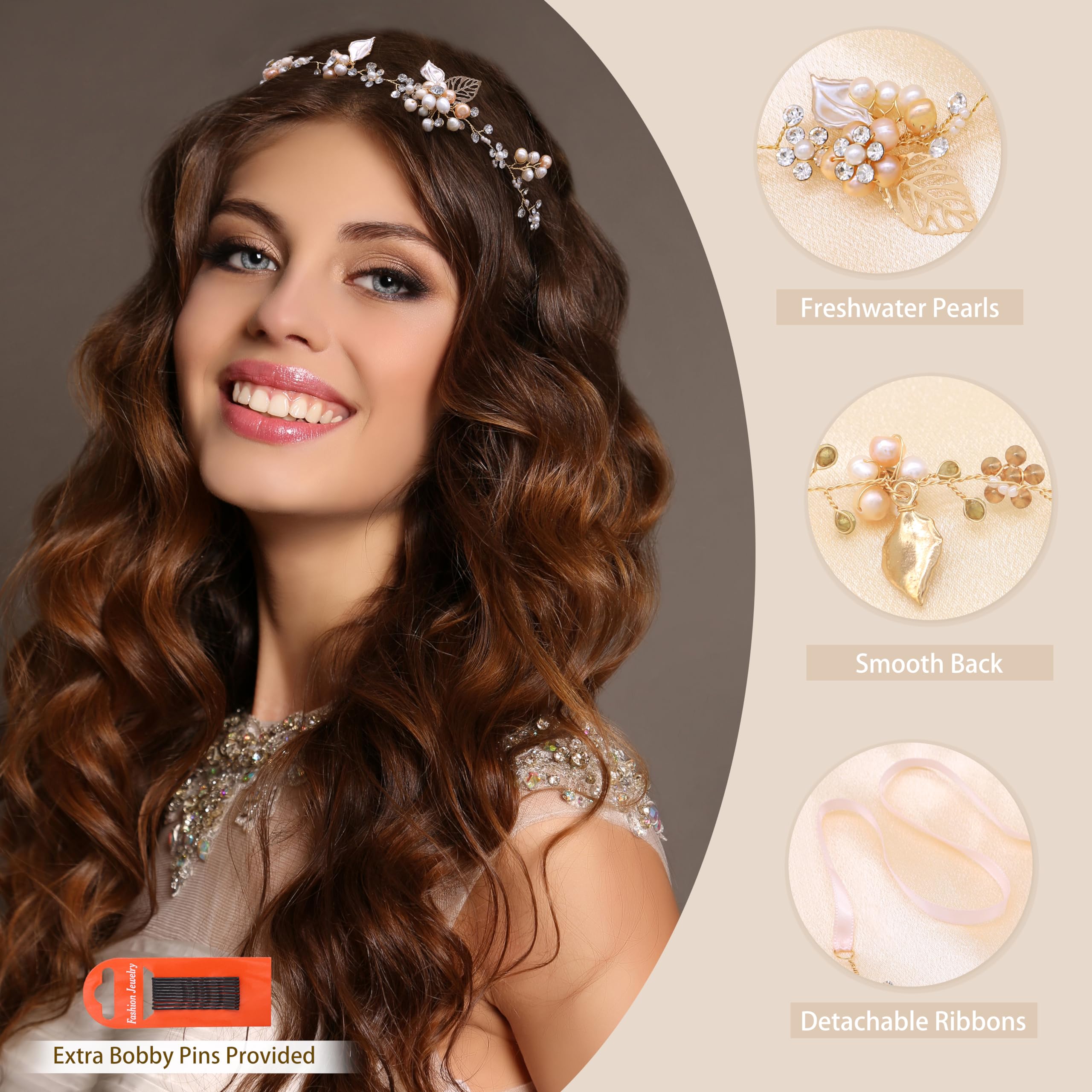 Oriamour Bridal Crystal Headband with Freshwater Pearls Flower Design Wedding Hair Accessories (Gold)