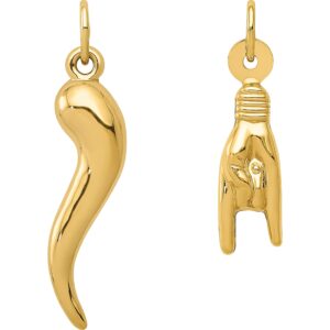 14k Yellow Gold Italian Horn & Good Luck Hand/Sign Language Charms Kit 2 Pcs