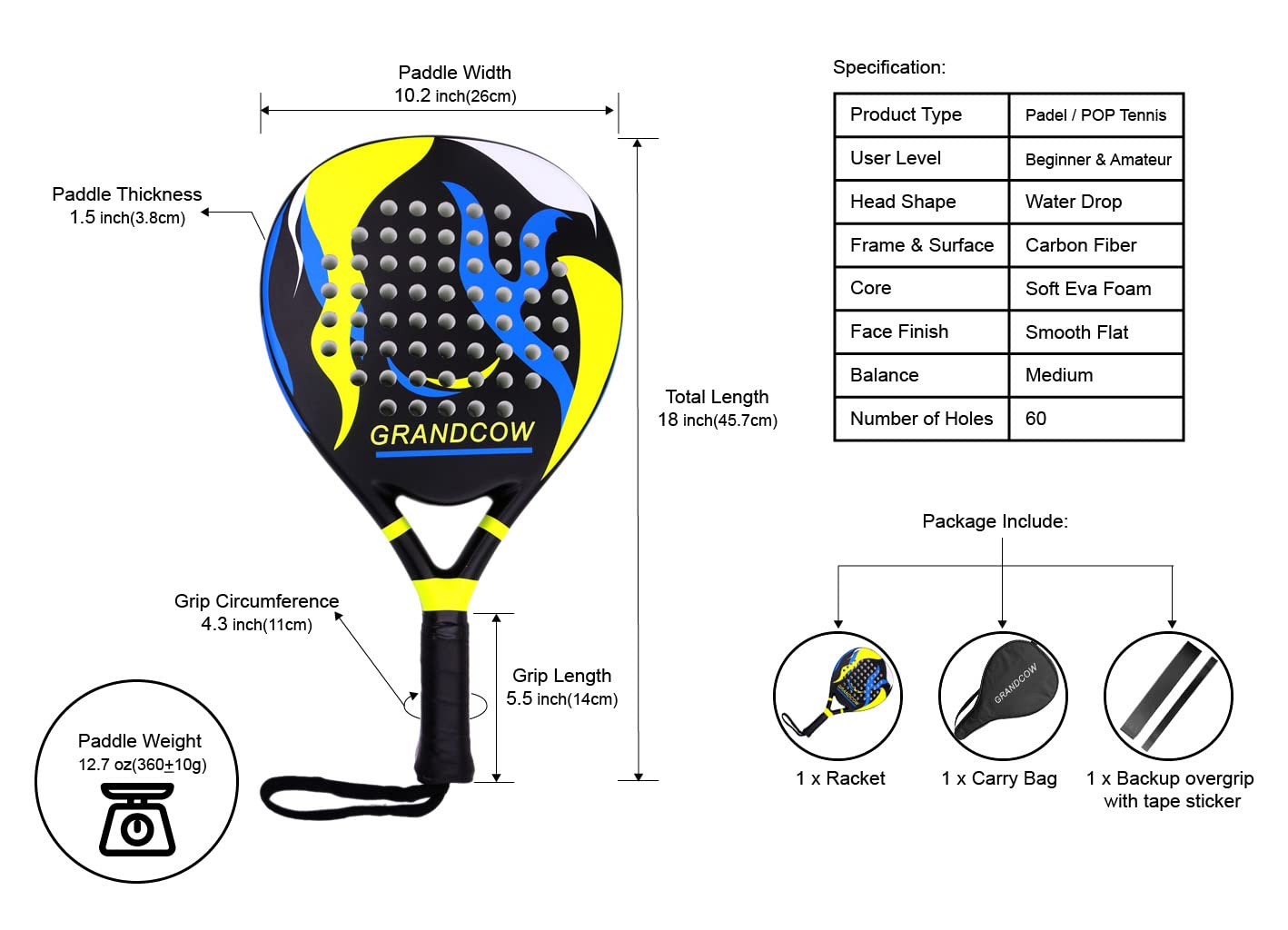 Padel Racket Racquet Carbon Fiber Power Lite EVA Foam POP Tennis Racquets (Black)