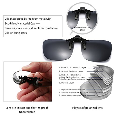 CAXMAN Polarized Clip-on Flip Up Metal Clip Rimless Sunglasses, Lightweight, Black Lens 59 * 42mm