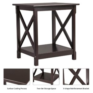 Topeakmart End Table in X-Design, Wood Sofa Side Table with Storage Shelf for Living Room, Espresso, Dark Coffee