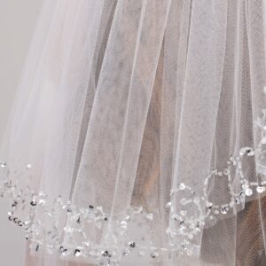 Malishow 2 Tiers Beaded Wedding Veil Sequin Pearl Edge Bling Bridal Veils New white