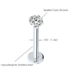 Injoy Jewelry 4 Pairs 16G Stainless Steel 3mm Round Cubic Zircon Lip Studs Labret Monroe Nose Tragus Helix Ear Piercing Jewelry 6-12mm Bar Length