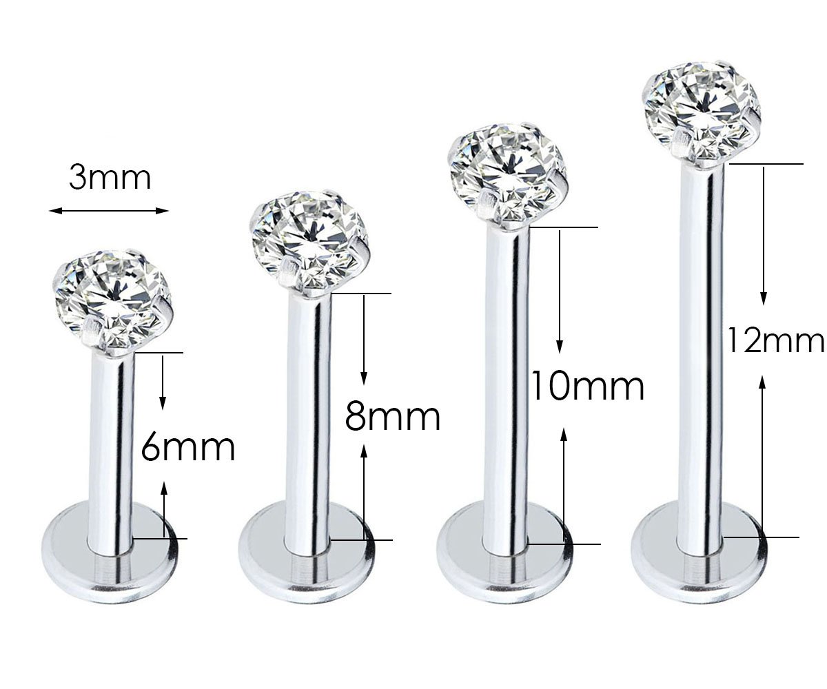 Injoy Jewelry 4 Pairs 16G Stainless Steel 3mm Round Cubic Zircon Lip Studs Labret Monroe Nose Tragus Helix Ear Piercing Jewelry 6-12mm Bar Length