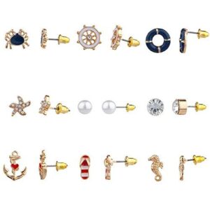 Lux Accessories Gold Tone Crystal Pearl Red White Blue Nautical Earring Set