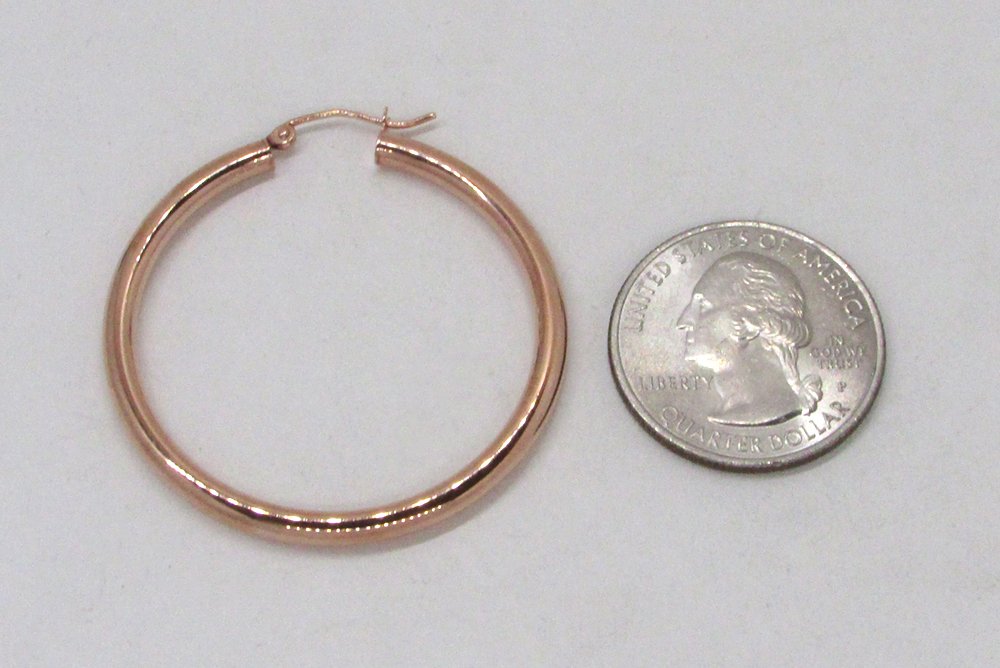 Large 14K Rose Gold Tube Hoop Earrings with Click-Down Clasp, 1.6 In (40mm) (3mm Tube)