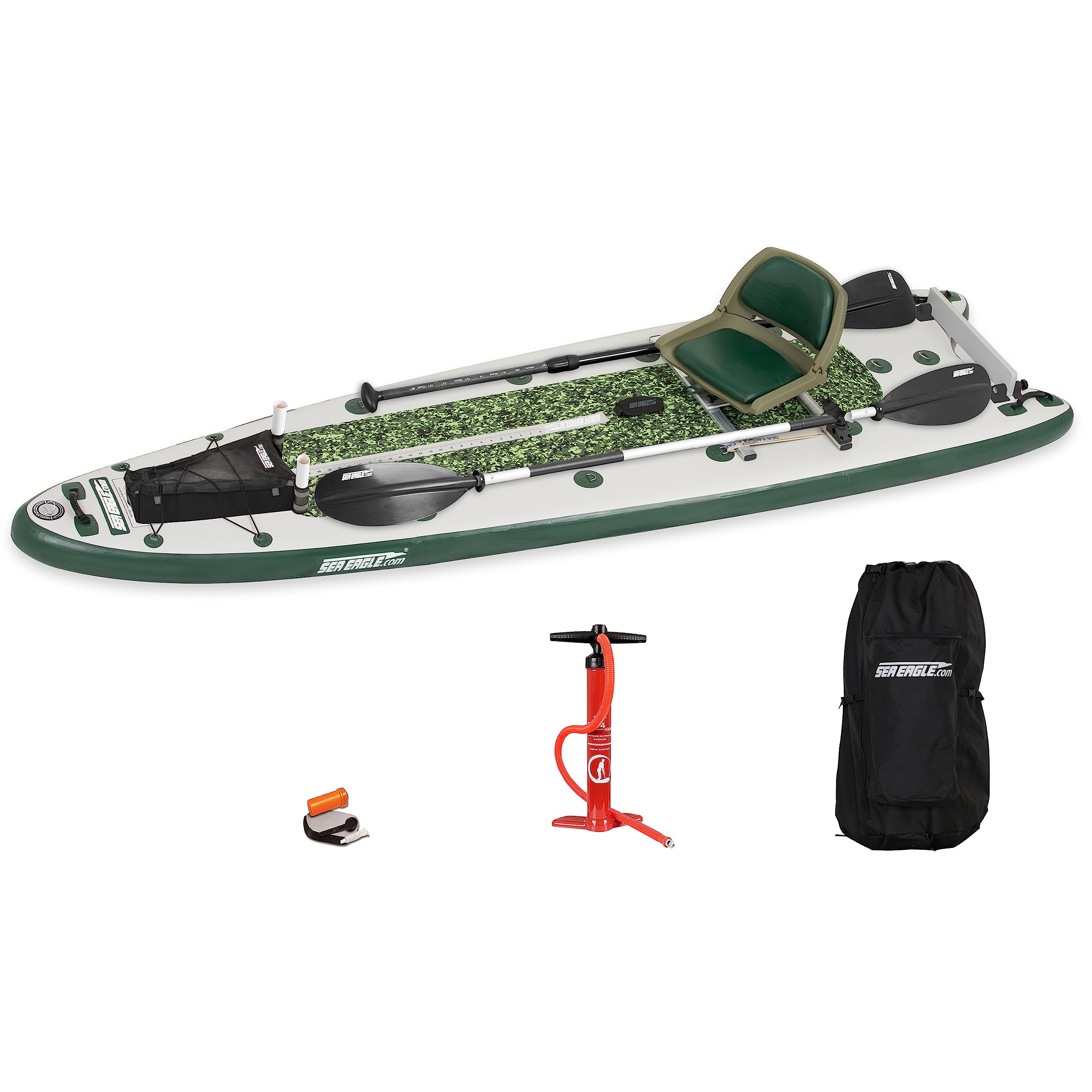 Sea Eagle FS126 12’6” Inflatable FishSUP Fishing Stand-Up Paddleboard w/Paddle(s), Storage Box, Pump, Removable Transom, Backpack/Optional Seat - Sit, Stand, Fish, Motor, Troll