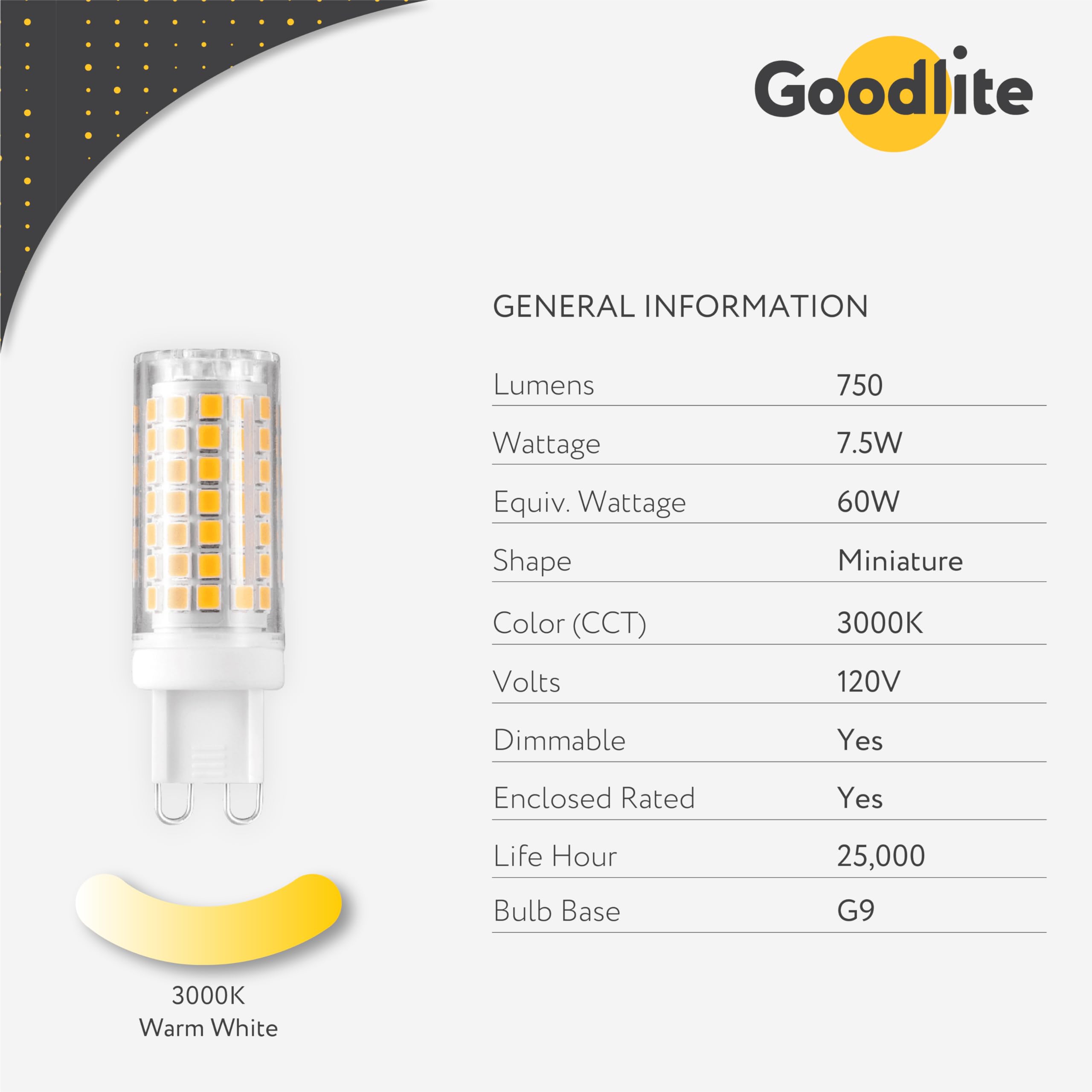 Goodlite G-83515 7.5W Led G9 120V 700 Lumens 300° Beam Angle, 60W Equal Light Bulb, 3000K Warm White Clear