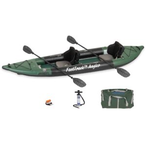 385fta fasttrack angler 1–2-person inflatable green fishing kayak-rigid keel, drop stitch floor w/seat(s), paddle(s), pump & bag (385fta fasttrack angler pro angler kayak)