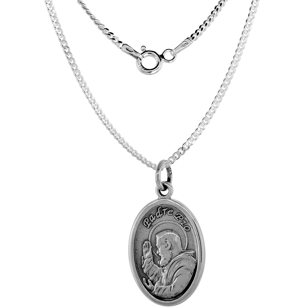 Sterling Silver St Padre Pio Medal Necklace Oxidized finish Oval 18 inch CRB_50