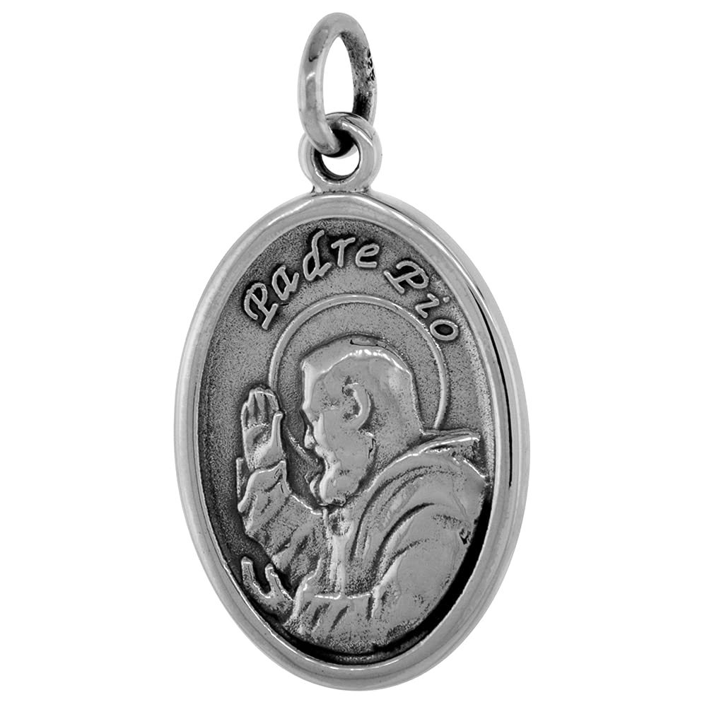 Sterling Silver St Padre Pio Medal Necklace Oxidized finish Oval 18 inch CRB_50